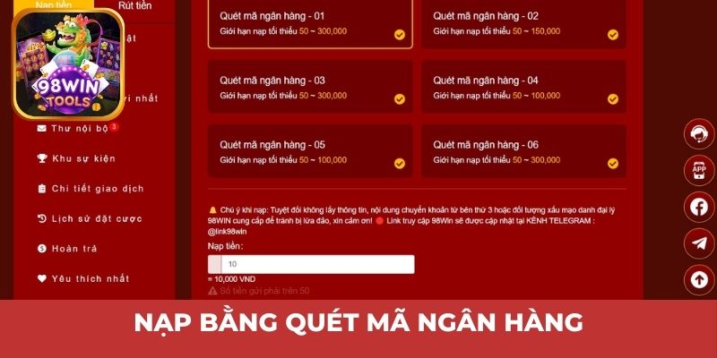 Nạp bằng quét mã ngân hàng